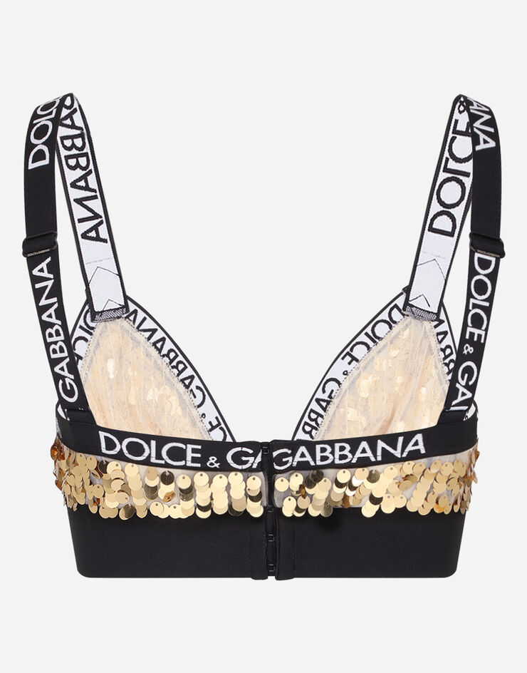 Dolce & Gabbana 로고 스트레치 밴드 시퀸 트라이앵글 브라 골드 O1C02TFLSA8