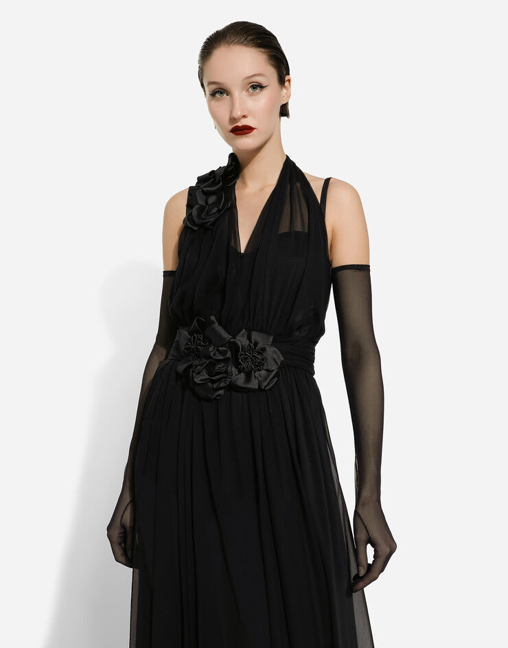 Dolce&Gabbana Vestido largo en chifón de seda con aplicaciones de flores Negro F6DJSTFU1AT