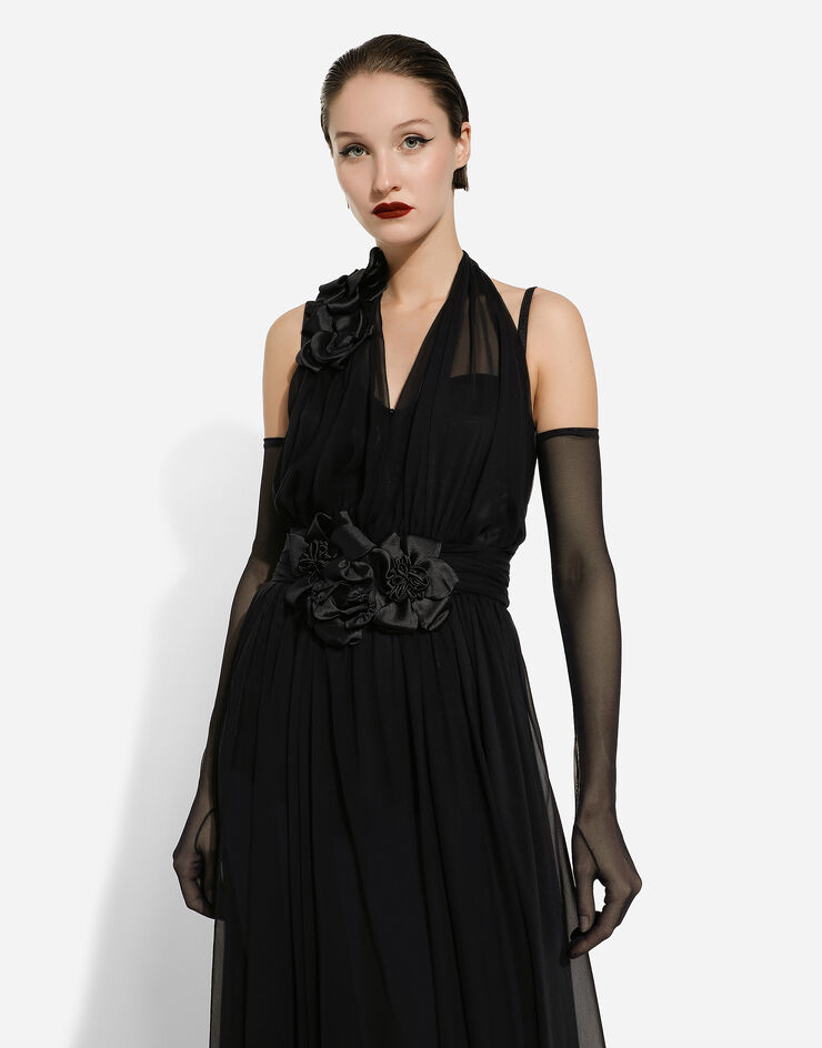 Dolce&Gabbana Long silk chiffon dress with floral appliqué Noir F6DJSTFU1AT