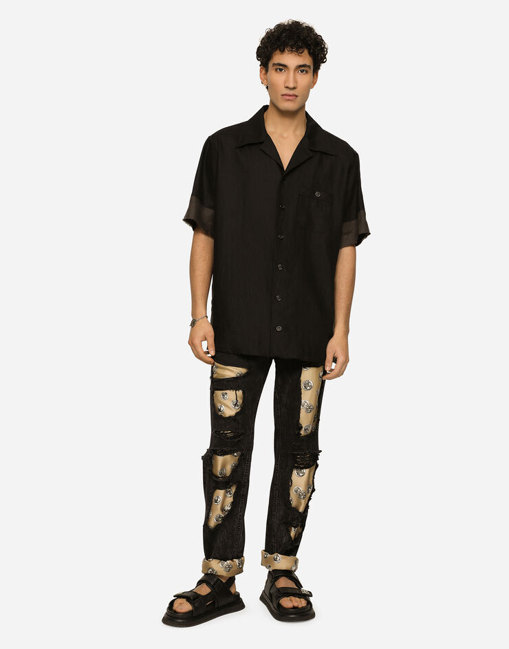 Dolce&Gabbana Camisa Hawaii en lona de lino con aplicaciones Negro G5KS5TFU4IX
