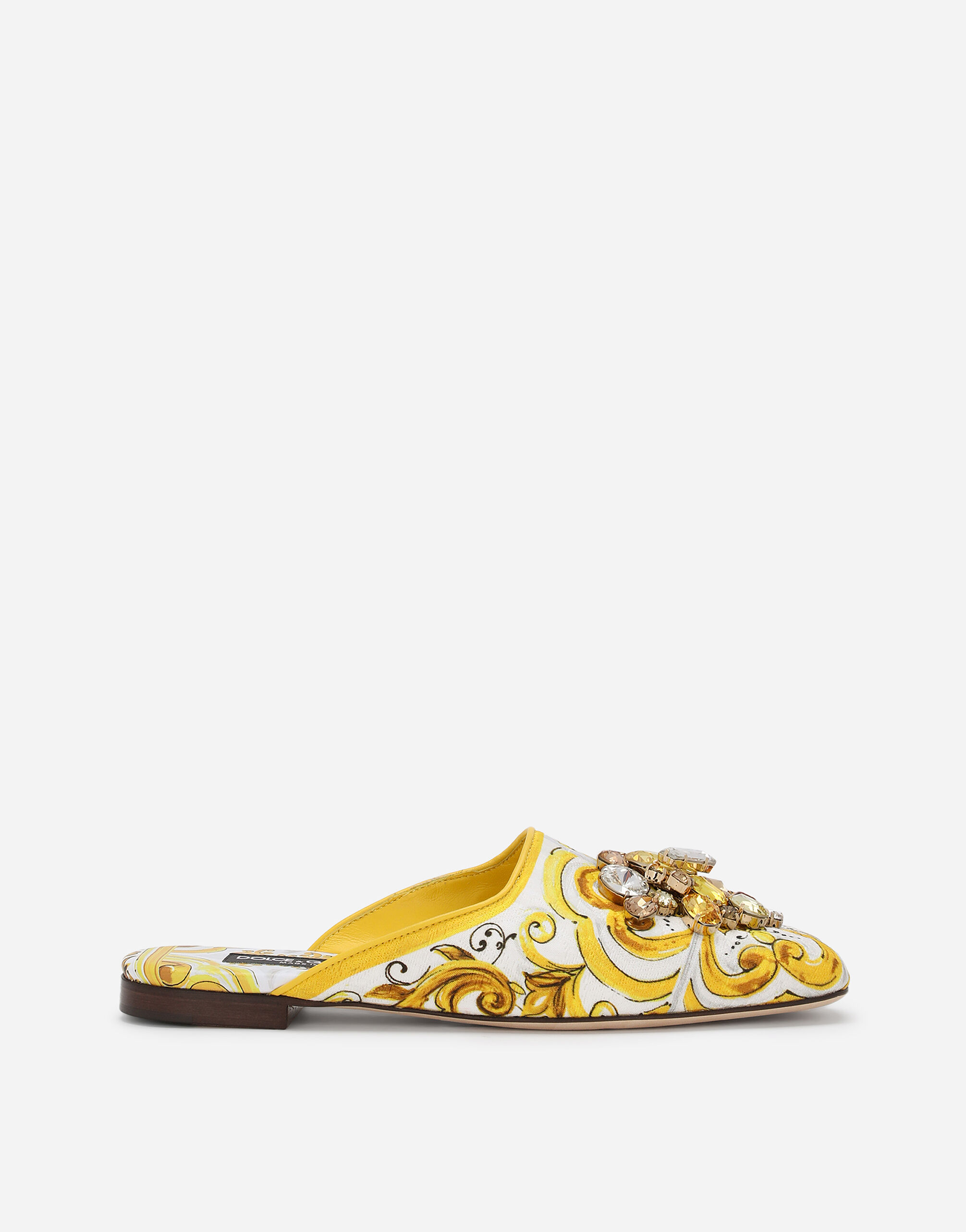 Majolica print brocade mules with embroidery