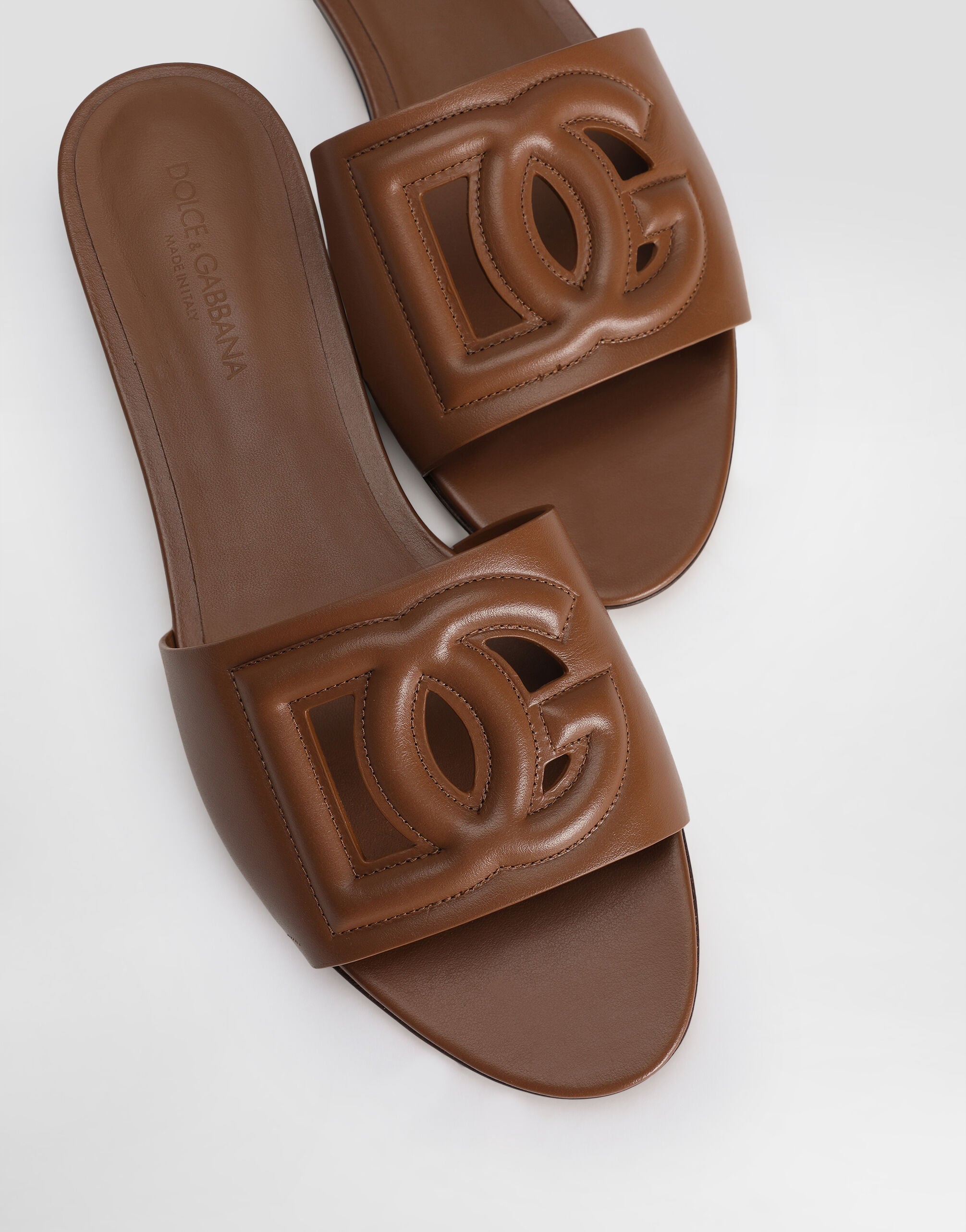 Calfskin sliders with DG logo in Brown for Women | Dolce&Gabbana® US