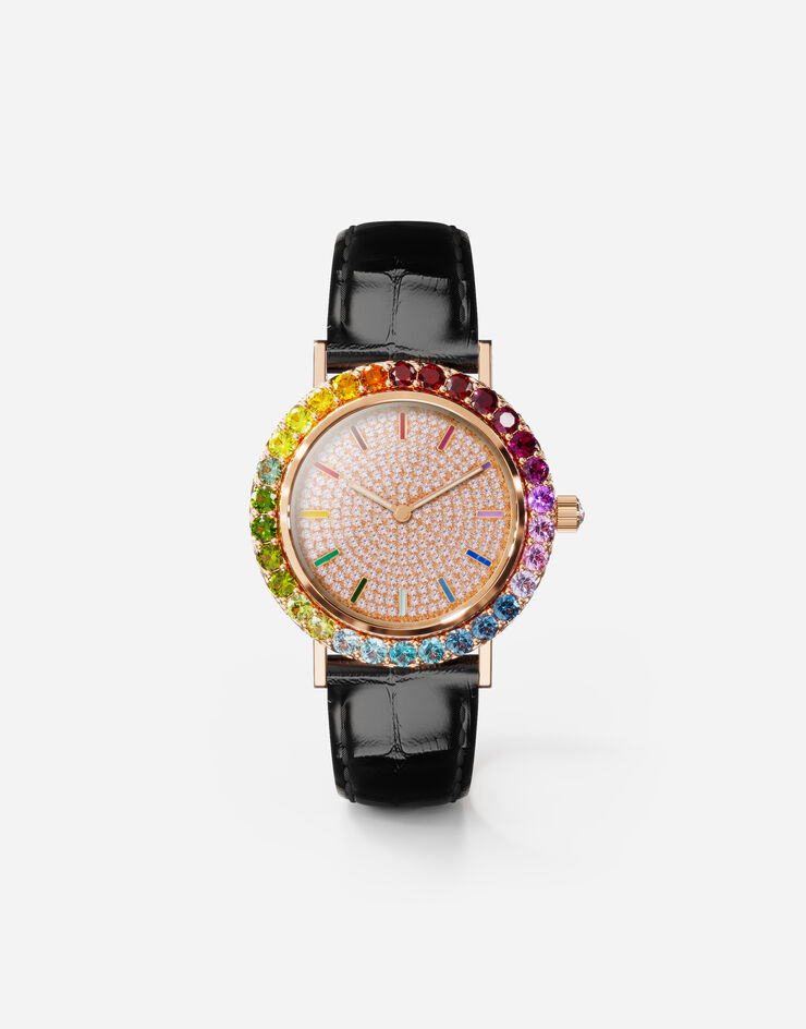 Dolce & Gabbana Reloj Iris en oro rosa con gemas multicolor y diamantes Negro WWLB2GXA0XA