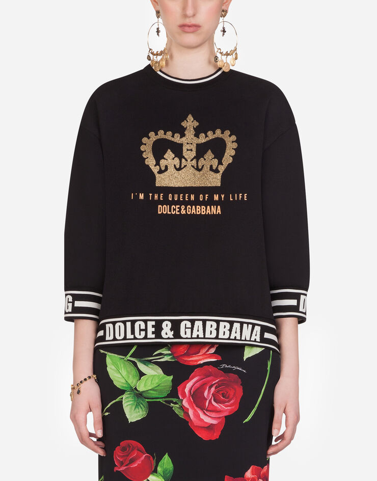Dolce & Gabbana SHORT SWEATSHIRT WITH I'M THE QUEEN OF MY LIFE PRINT NERO F9A54TG7TAR