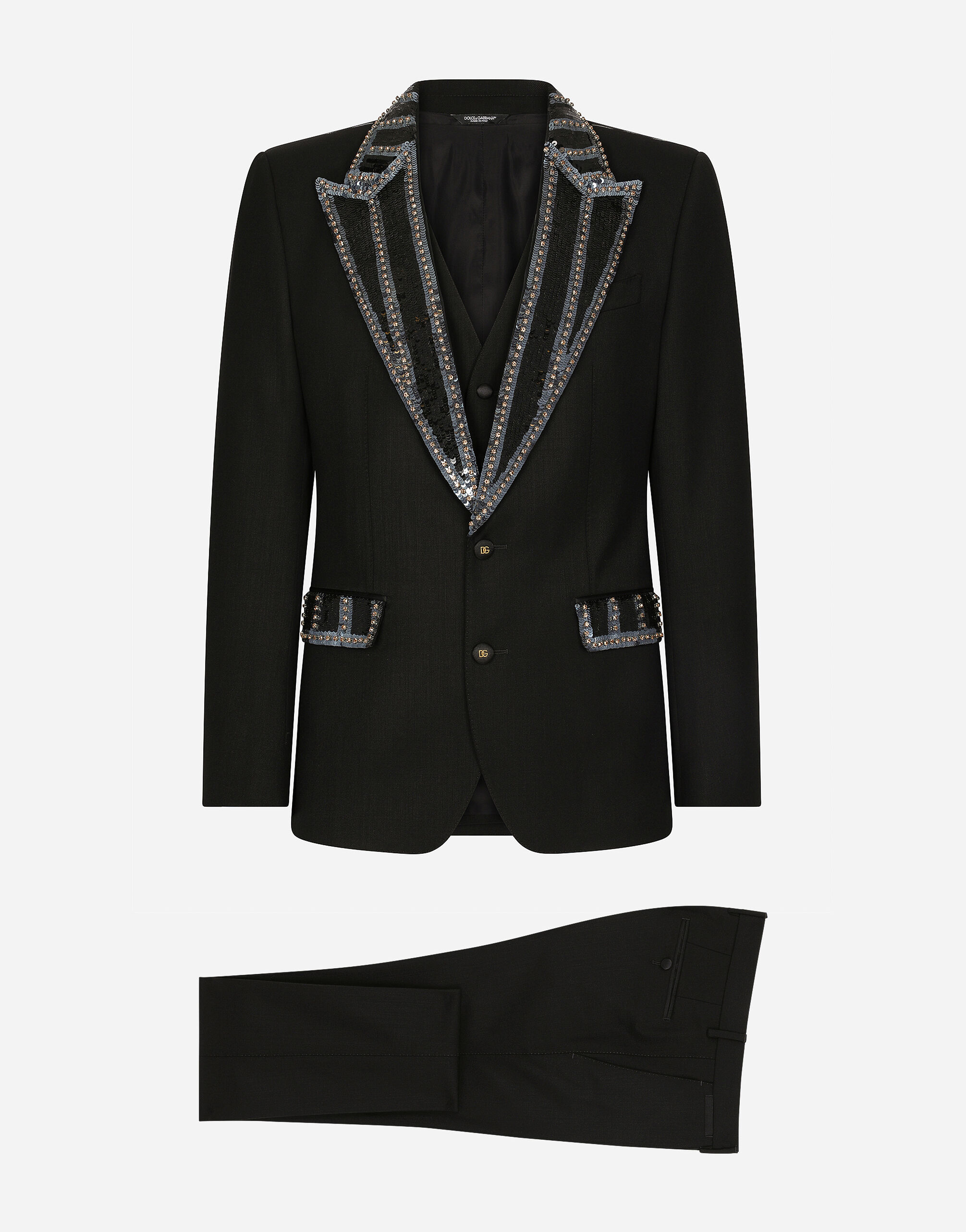 Three piece stretch wool Sicilia fit suit with rhinestones in Black for Men Dolce Gabbana US