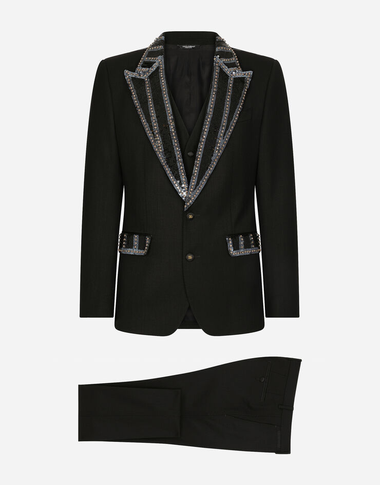 Dolce & Gabbana Three-piece stretch wool Sicilia-fit suit with rhinestones Black GKGIMZFUBE7