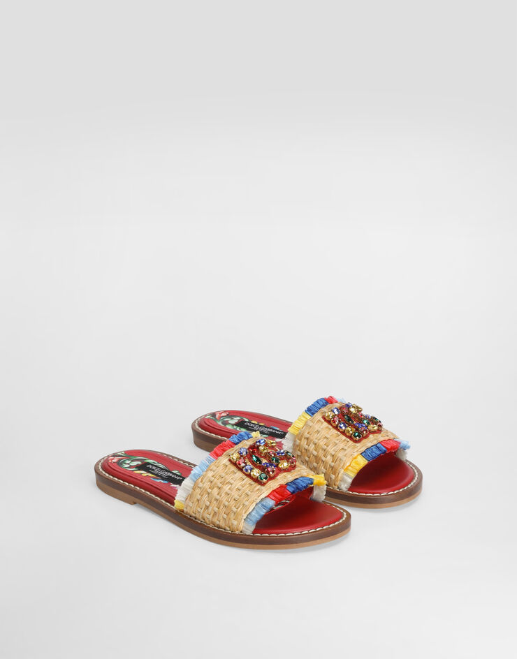 Dolce & Gabbana Flat straw slide sandals with fringes Multicolor D11417A0559