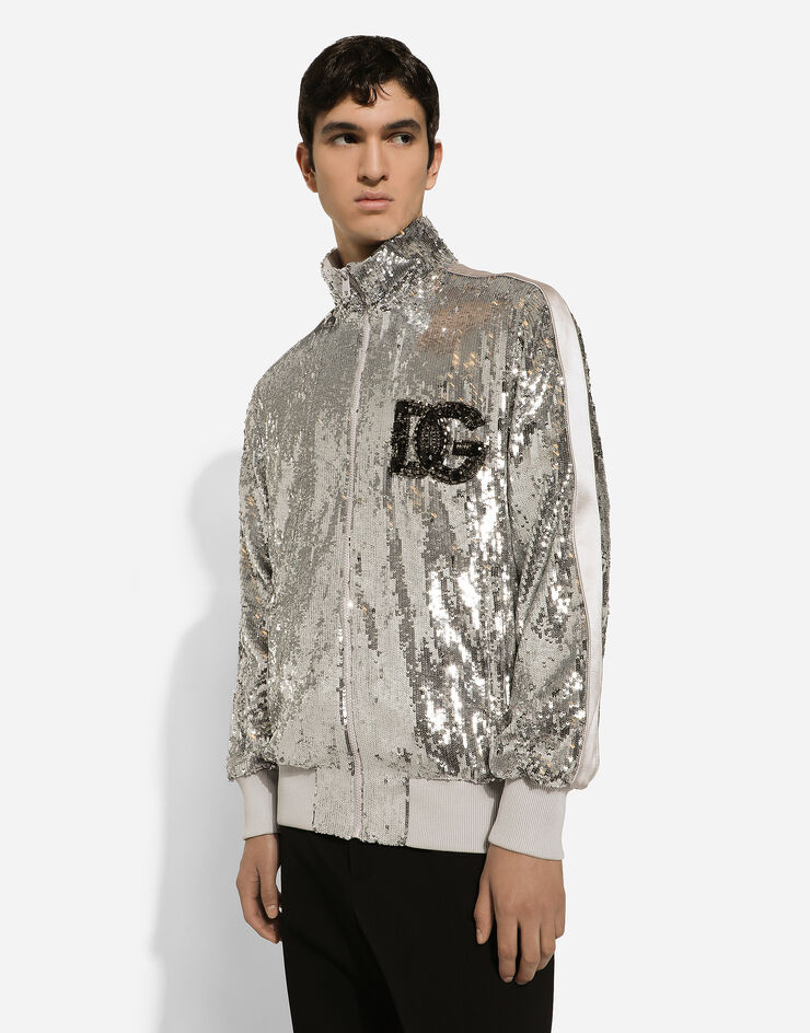 Dolce & Gabbana Sequined zip-up sweatshirt with rhinestone-detailed DG patch Silver G9ZG1ZHLMTJ
