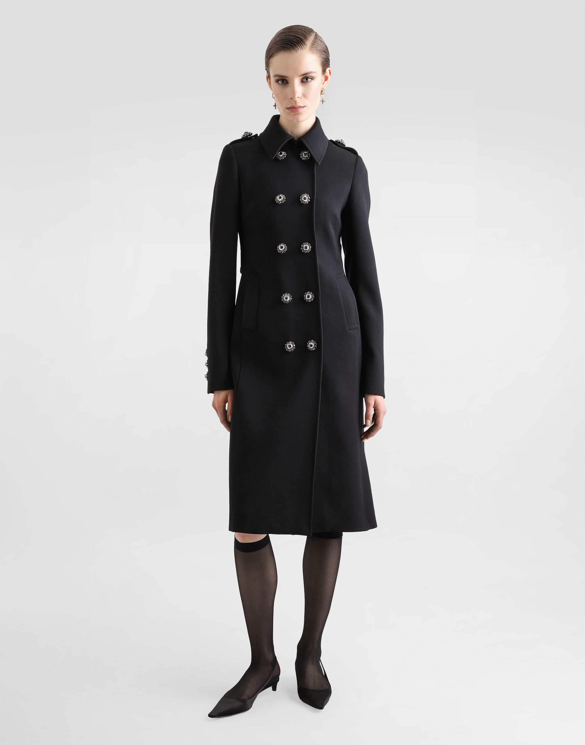 Cappotto doppiopetto in lana con bottoni gioiello in Nero da Donna