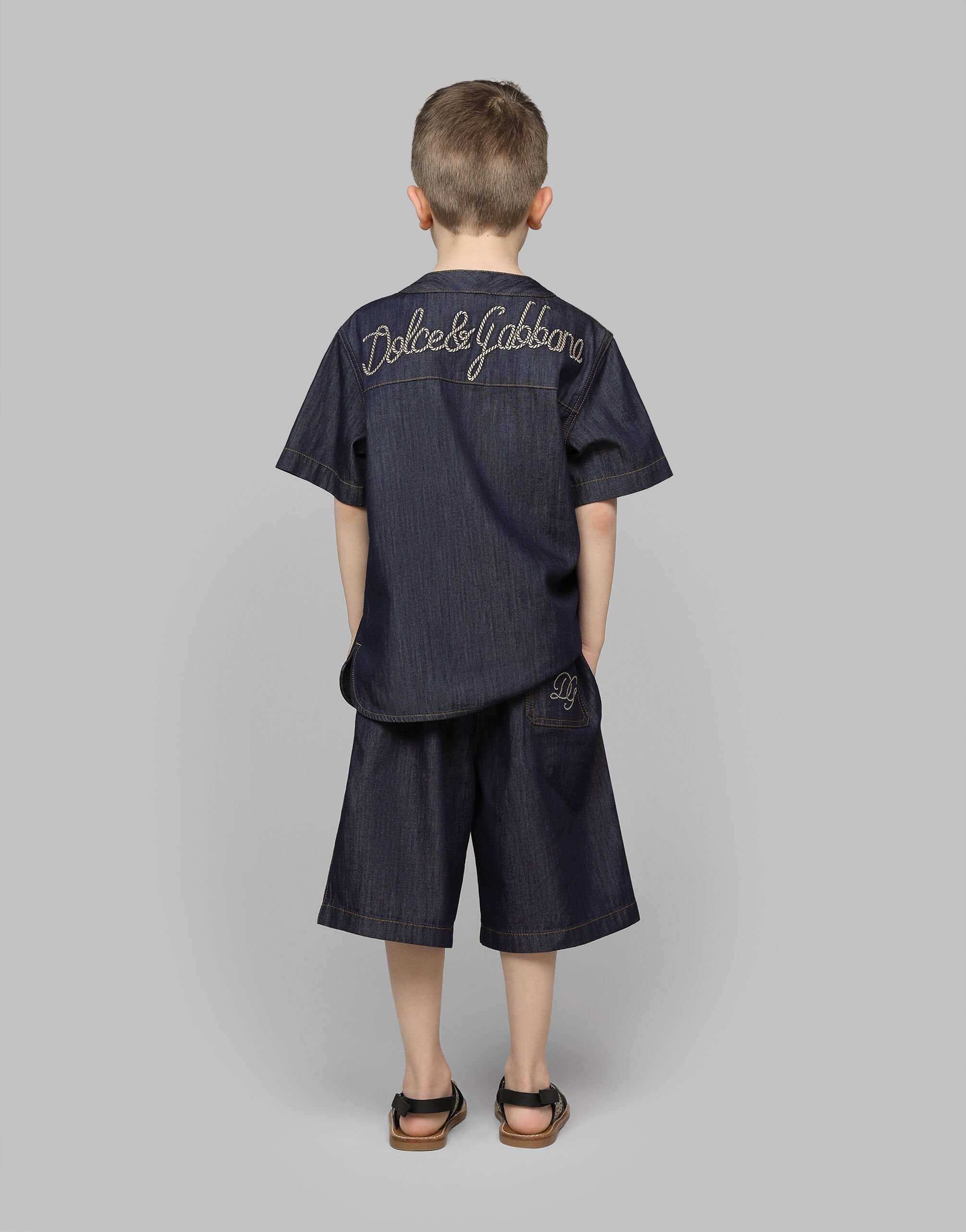 Dolce & Gabbana DENIM SHIRT WITH SHORT SLEEVES シャツ ロゴ Denim shirt with Dolce&Gabbana logo in Multicolor for Boys
