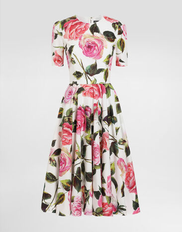 Dolce & Gabbana Cotton calf-length babydoll dress with rose print White CK1908AQ040