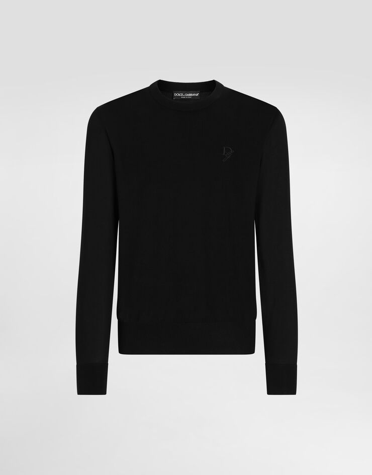 Dolce & Gabbana Rundhalspullover aus Seide DG-Stickerei Schwarz GXX02ZJBSK3