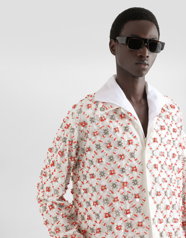 Dolce & Gabbana Long-sleeved cotton shirt with rhinestone and coral embroidery White G5NC8ZFU6X8