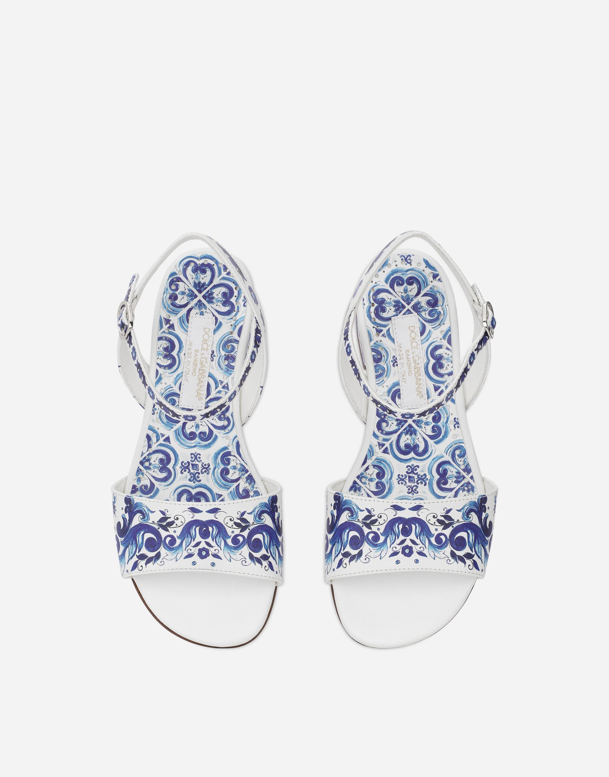 サンダル・ミュール DOLCE & GABBANA MAIOLIC PRINT SLIDE SANDALS Majolica-print calfskin sandals in Multicolor for Girls