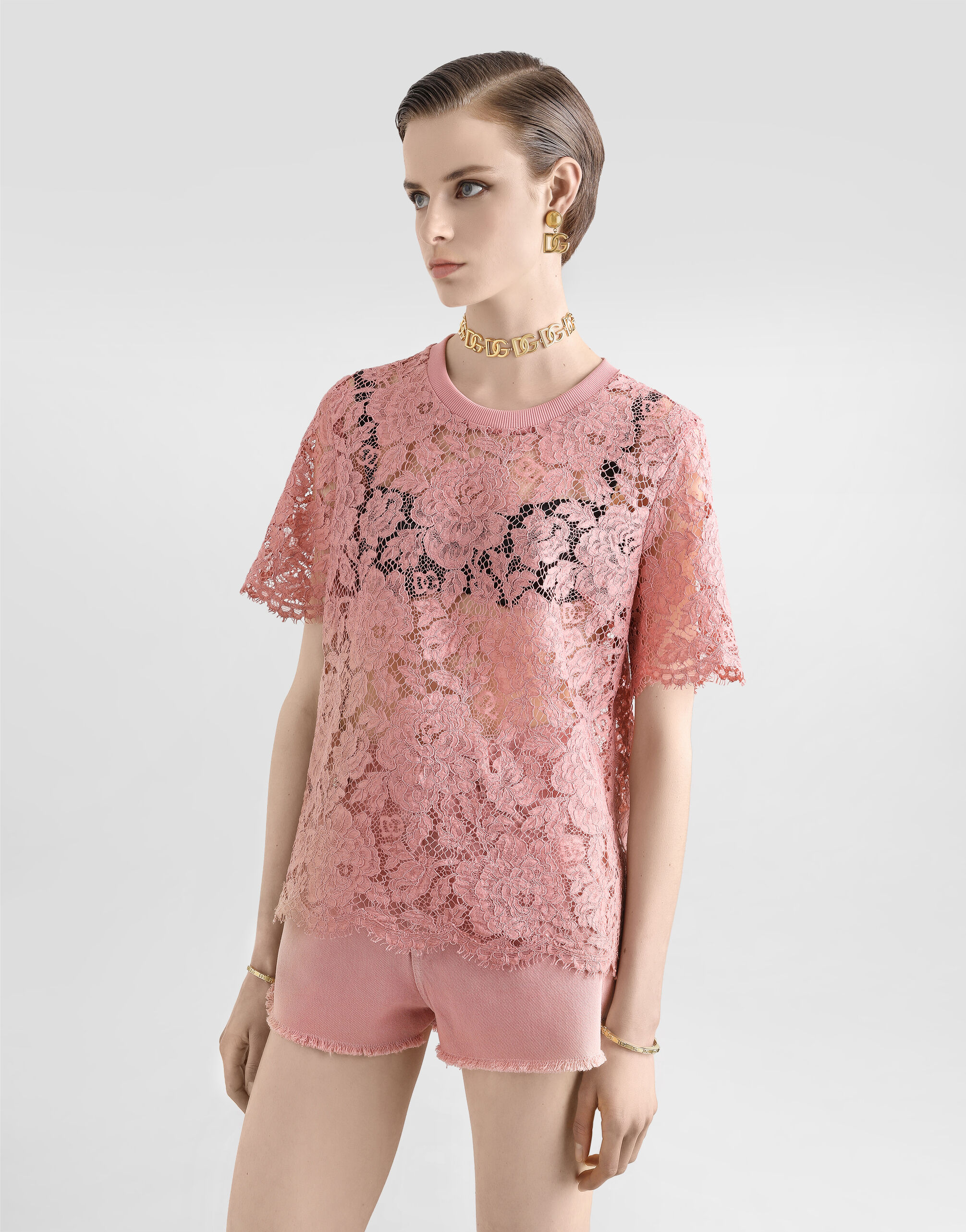 Short-sleeved Cordonetto lace T-shirt in Pink for Women Short-sleeved Cordonetto lace T-shirt in Pink for Women