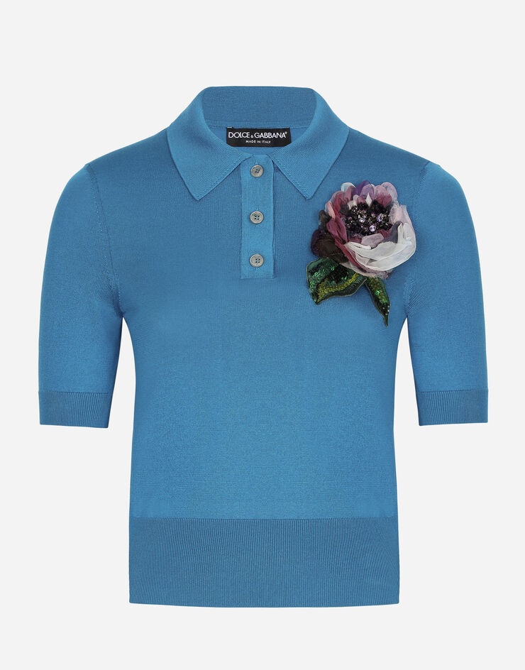 Dolce & Gabbana Poloshirt aus Seide mit Blumenapplikation Grün FXZ01ZJBSHY
