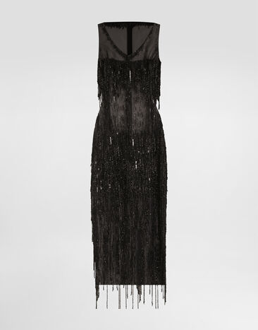 Dolce & Gabbana Sleeveless calf-length marquisette dress with sequined fringing Print F6TRQTFSIB5