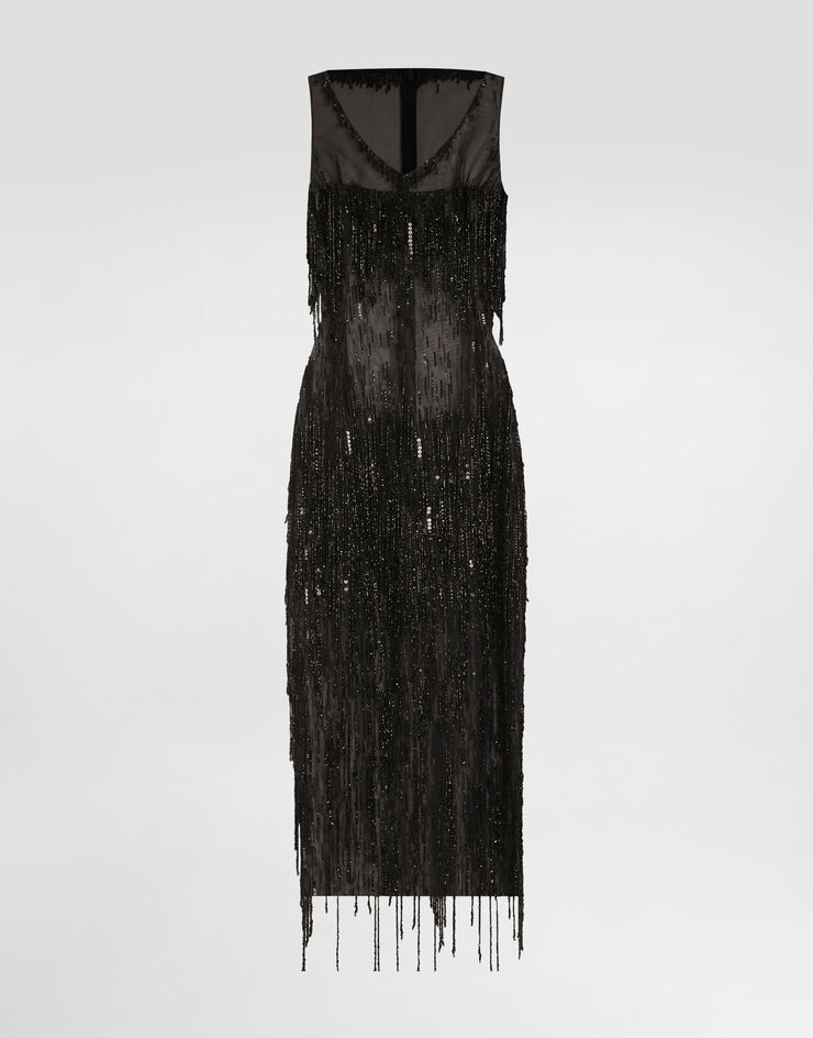 Dolce & Gabbana Ärmelloses Longuettekleid aus Marquisette mit Paillettenfransen-Stickerei Schwarz F6TPBZGDC1D