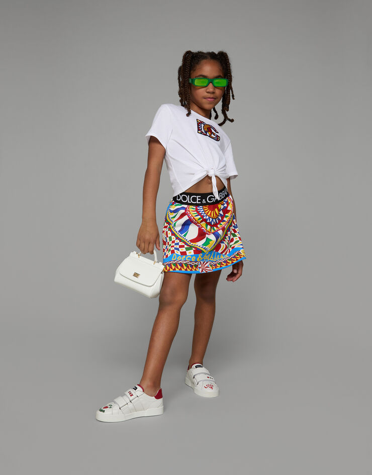 Dolce&Gabbana Short Carretto-print jersey skirt with branded elastic waistband Multicolor L5JI96G7J9D