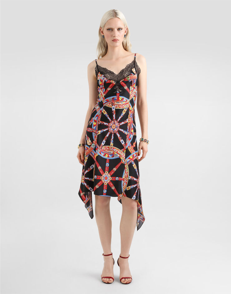 Dolce & Gabbana Vestido en satén de seda con estampado Carretto Multicolor F617TTIS13Y
