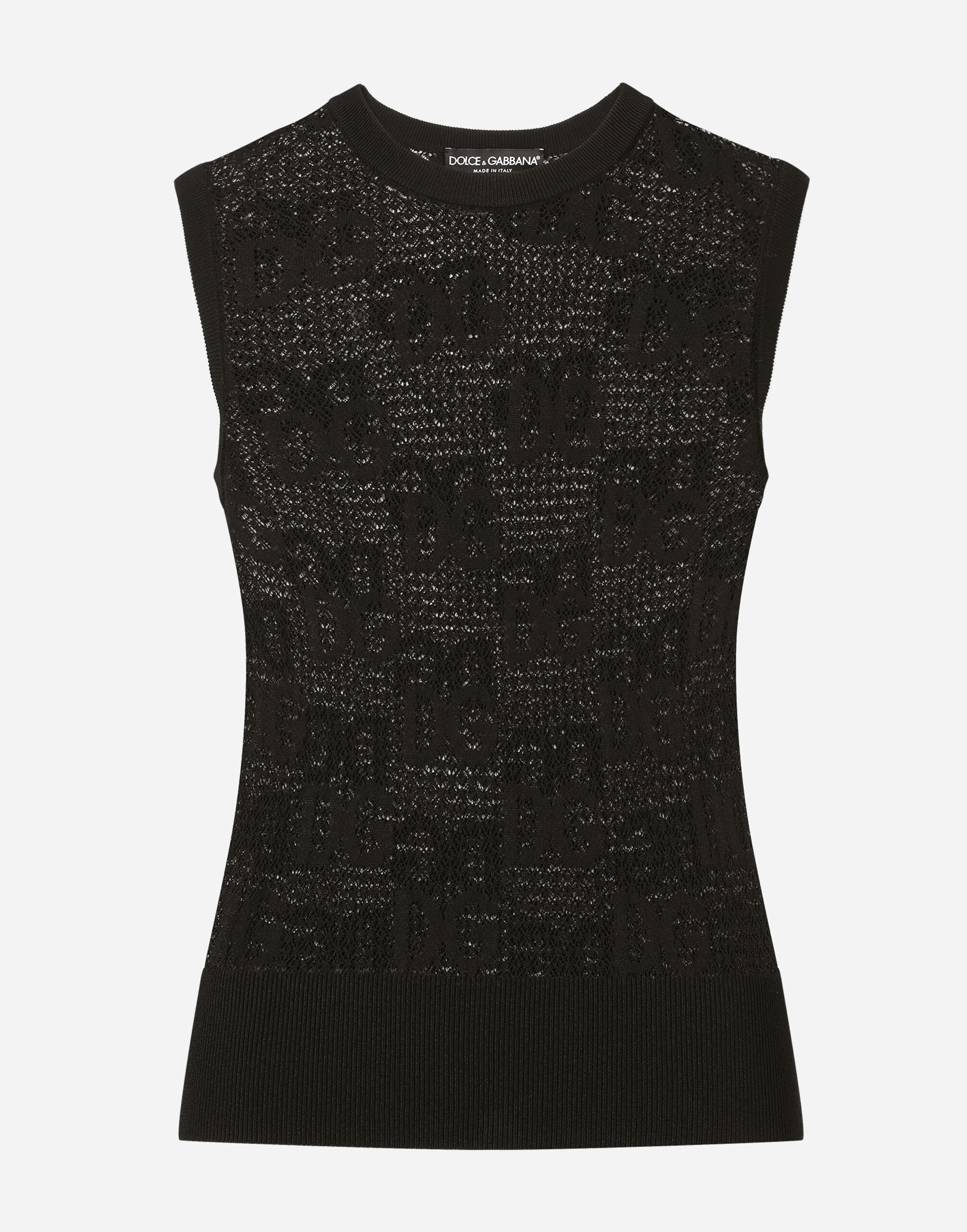 Dolce & Gabbana Sleeveless lace-stitch sweater with DG logo Black F8R52TFJ7DM