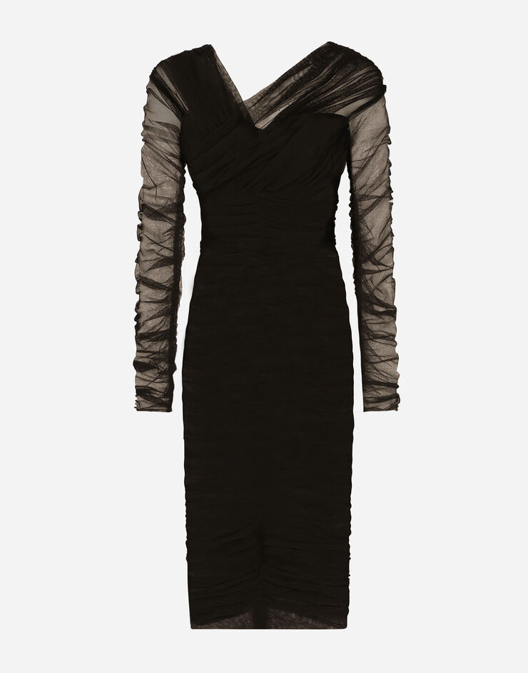 Dolce & Gabbana Abito longuette drappeggiato in tulle di cotone Nero F6G8QTFLEAA