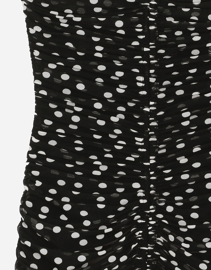 Dolce & Gabbana Kurzes drapiertes Kleid aus Tüll Punkteprint Drucken F6JIZTFSRP2