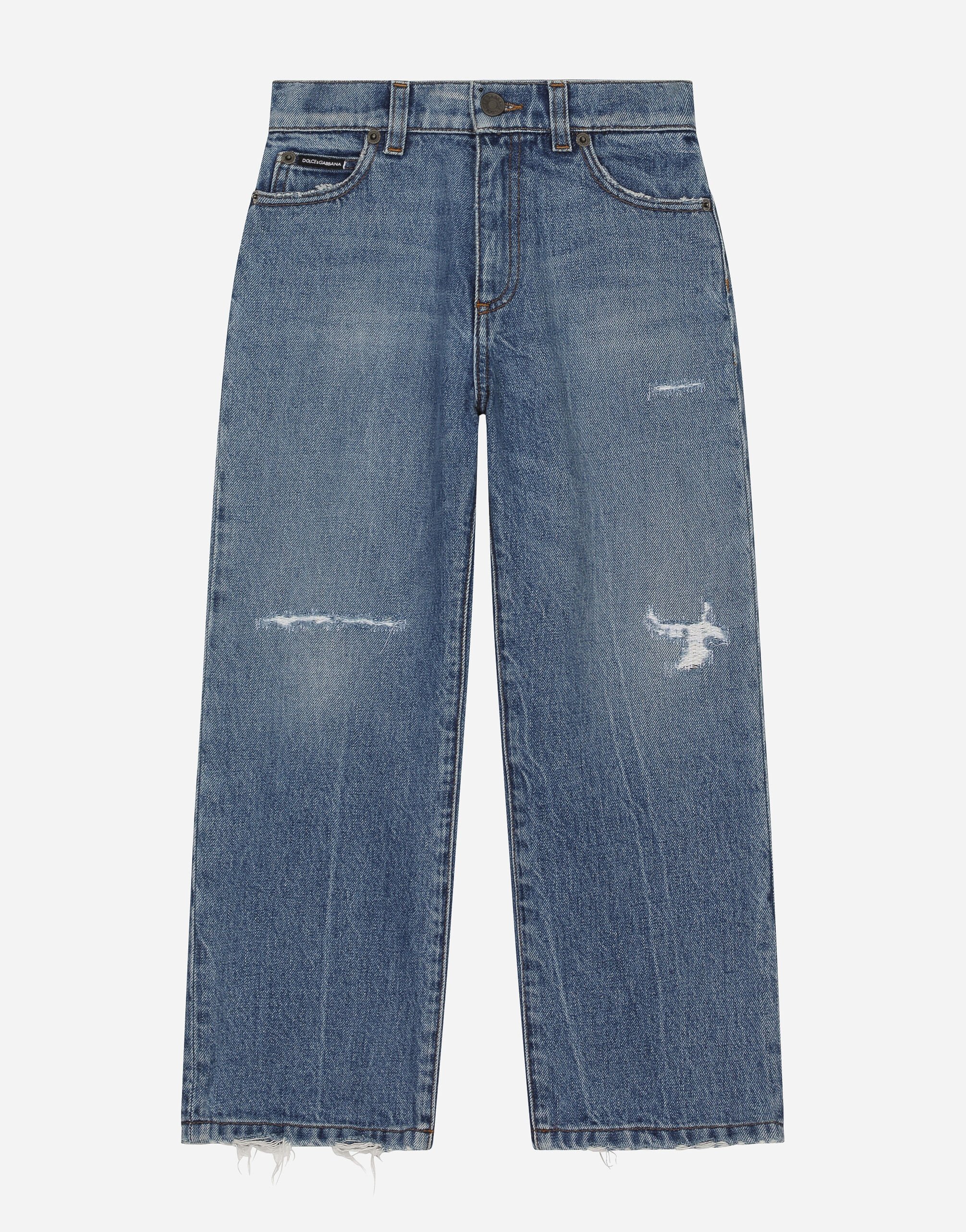 Dolce & Gabbana 5-pocket treated denim jeans with logo tag Blue L4JQP0G7IJ8