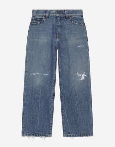 Dolce & Gabbana Pantalón de 5 bolsillos de denim tratado con placa con logotipo Imprima L44S10FI5JO