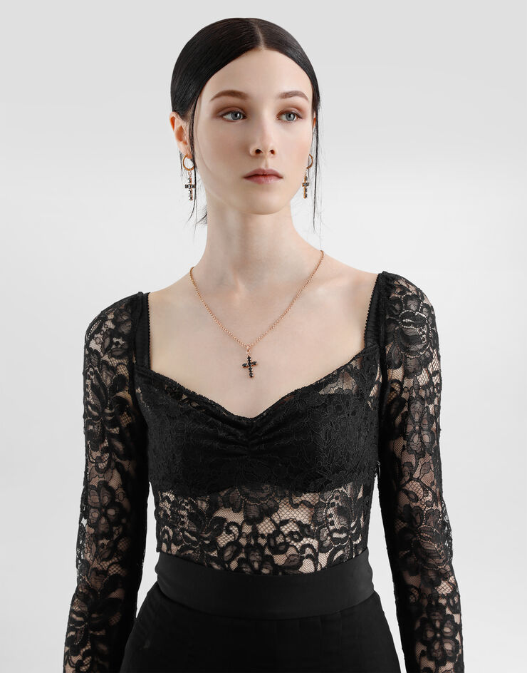 Dolce & Gabbana 花卉蕾丝心形领口上衣 黑 F7AN2THLUAH