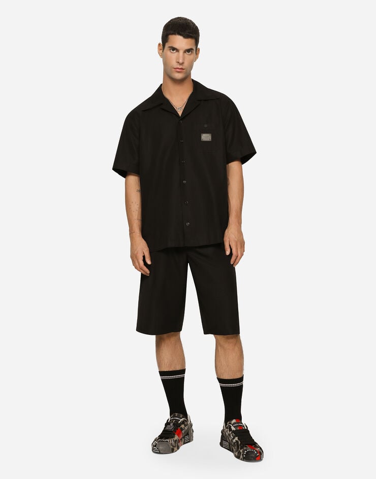 Dolce & Gabbana Camisa Hawaii de algodón con placa con logotipo Negro G5JH9TGF855