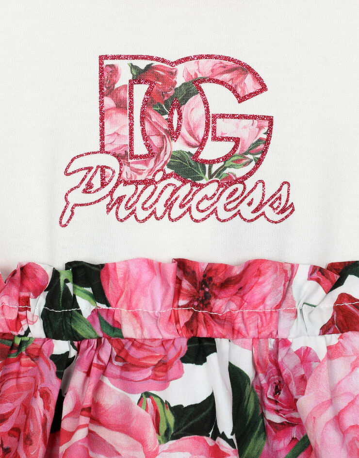 Dolce & Gabbana Poplin and jersey dress with rose print over a white background Print L2JD9HG7NZZ