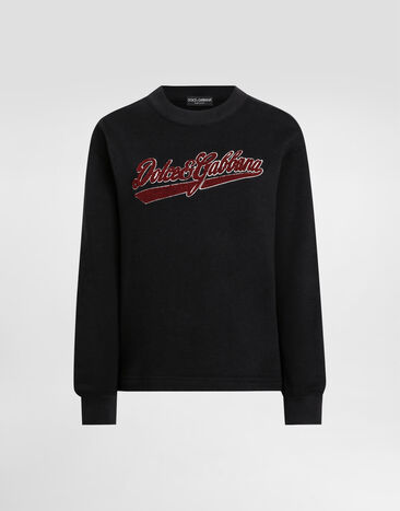Dolce & Gabbana Rundhalssweatshirt aus Baumwolle mit Patch Schwarz F9S50ZGDDAI