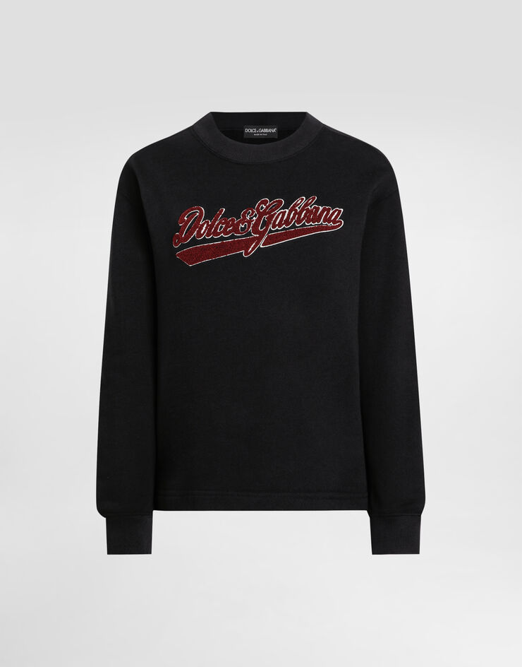 Dolce & Gabbana Rundhalssweatshirt aus Baumwolle mit Patch Schwarz F9S50ZGDDAI