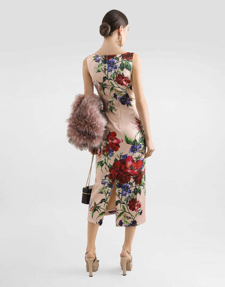 Dolce & Gabbana Abito longuette a tubino in raso stampa Fiori Stampa F6TTYTFSIB5