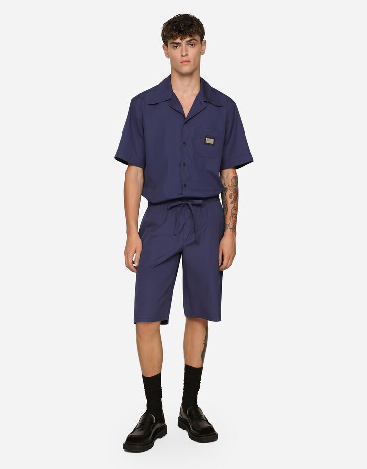 Dolce & Gabbana Camisa Hawaii de algodón con placa con logotipo Bleu G5JH9TGF855