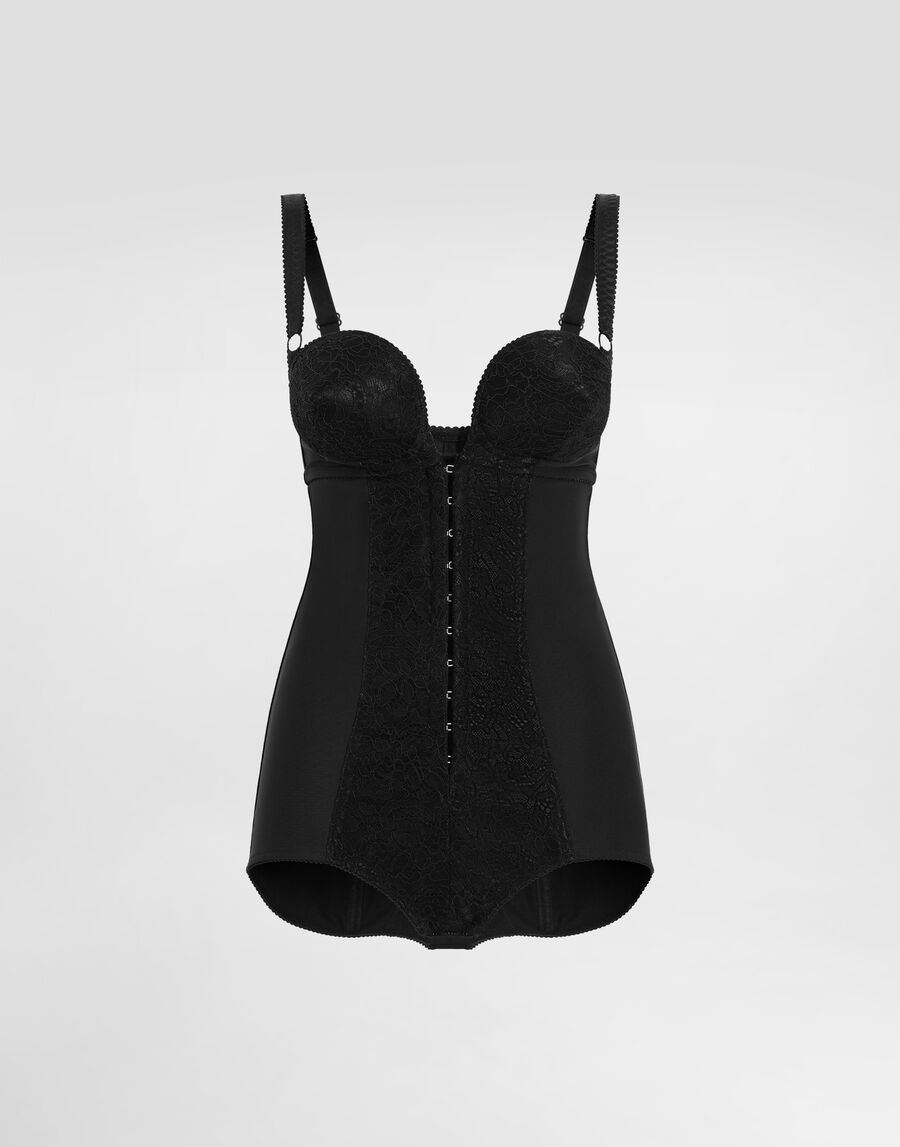 Lace and elasticated fabric bodysuit with deep neckline and conical cups