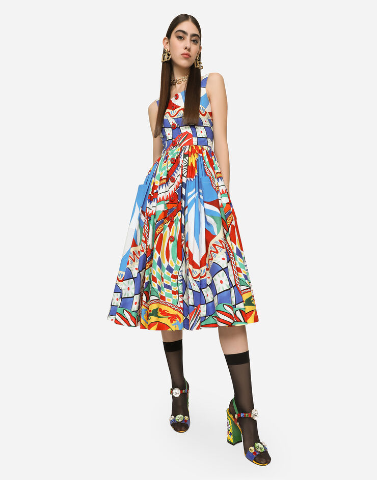 Dolce&Gabbana Vestido longuette de popelina con estampado Carretto Multicolor F6AEATFI5GY