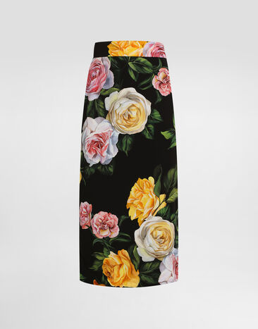 Dolce & Gabbana Longuette-Rock aus Charmeuse Pfingstrosen- und Rosenprint Drucken F4B6UTFSA7B