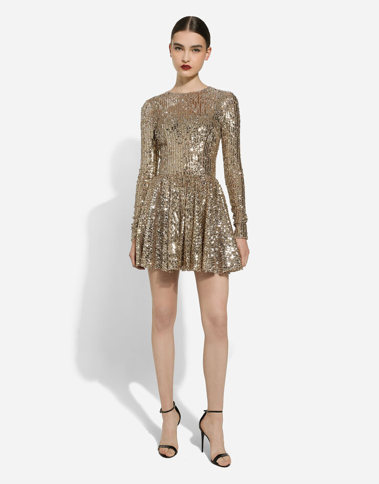 Dolce & Gabbana Short sequined dress with circle skirt Gold F6DKXTFLSIX
