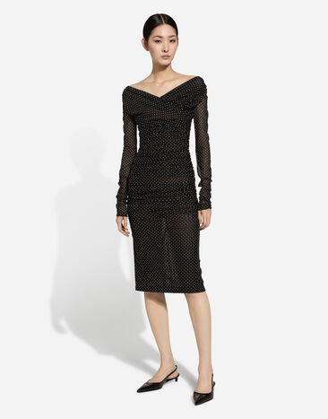 Dolce & Gabbana Tulle calf-length dress with draping and polka-dot print Print F6JIYTFSRP1