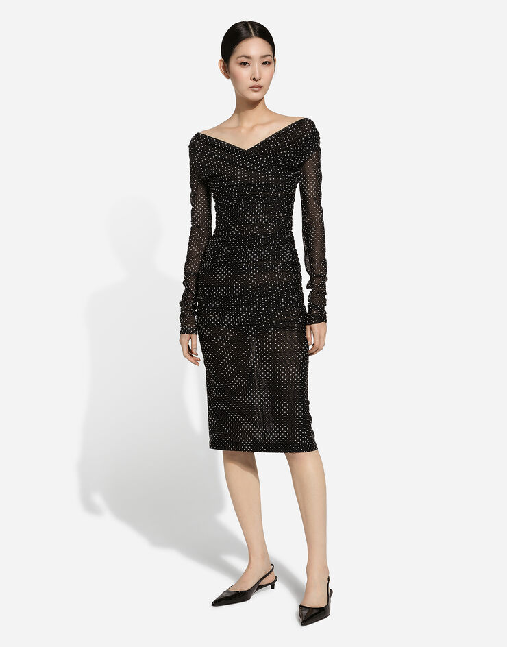 Dolce & Gabbana Vestido longuette drapeado de tul con estampado de lunares Imprima F6JIYTFSRP1