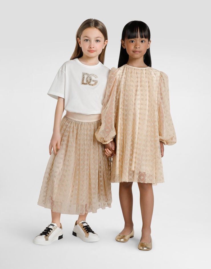 Dolce & Gabbana Long-sleeved dress in embroidered tulle DG Beige L54DH9FLSLY