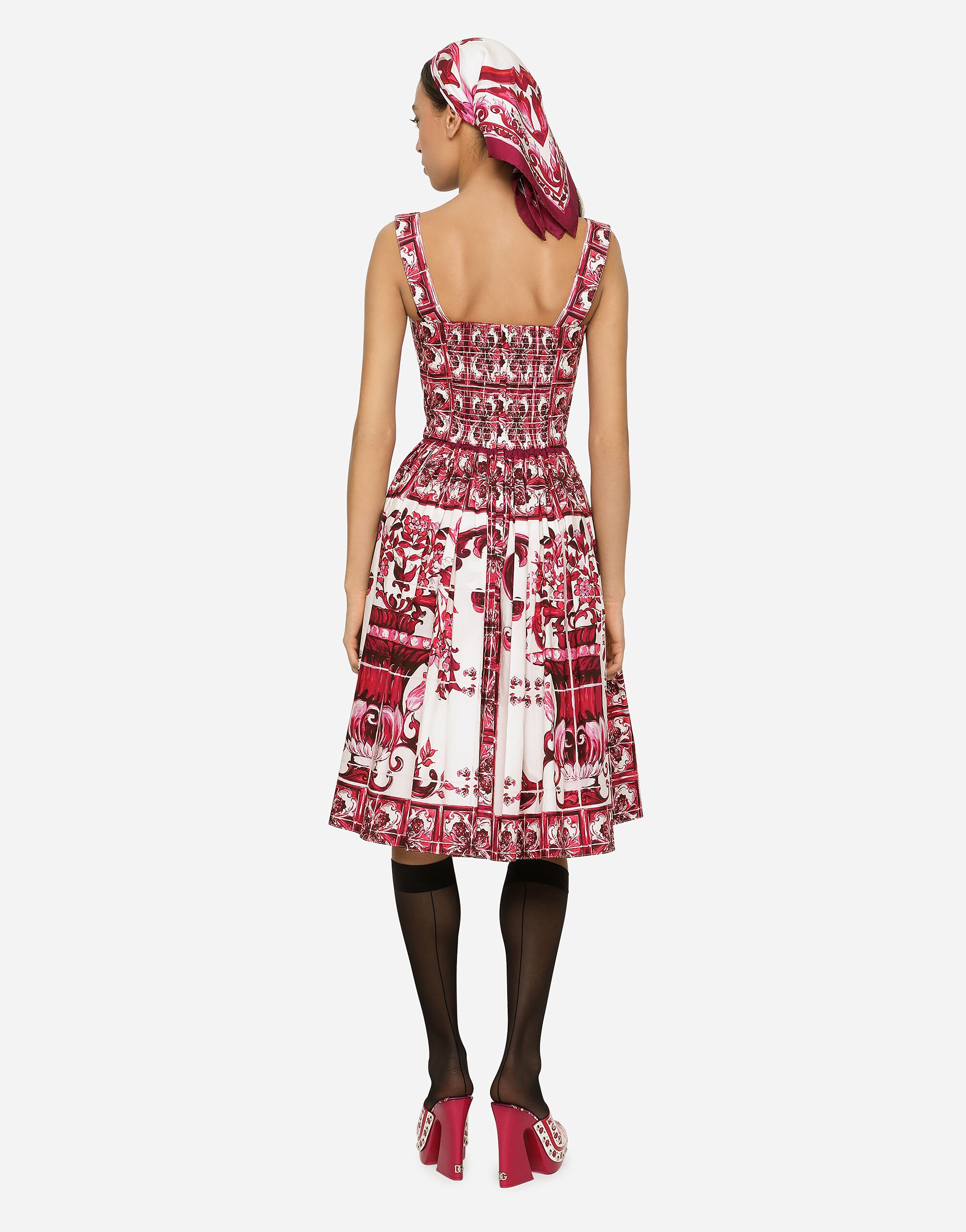 送料無料 通販 Bustier midi dress in Majolica-print poplin in Multicolor ワンピース