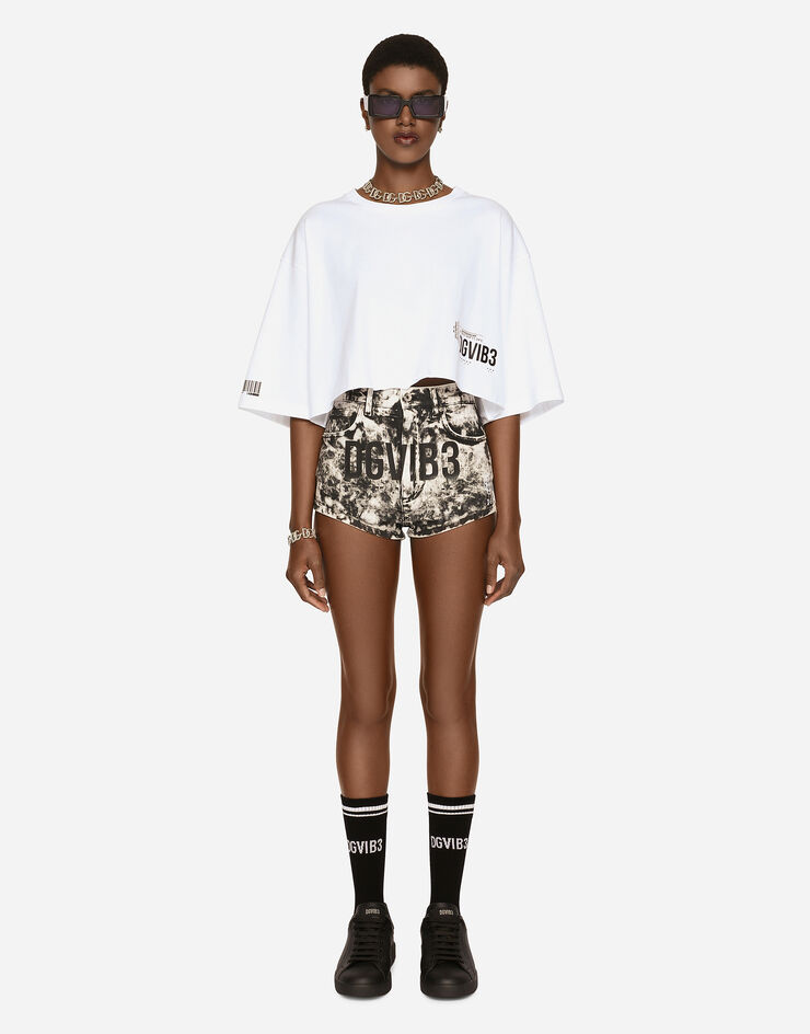 Dolce & Gabbana Cropped-T-Shirt Kurzarm Rundhals aus Baumwolljersey Weiss F8U84TG7L2P