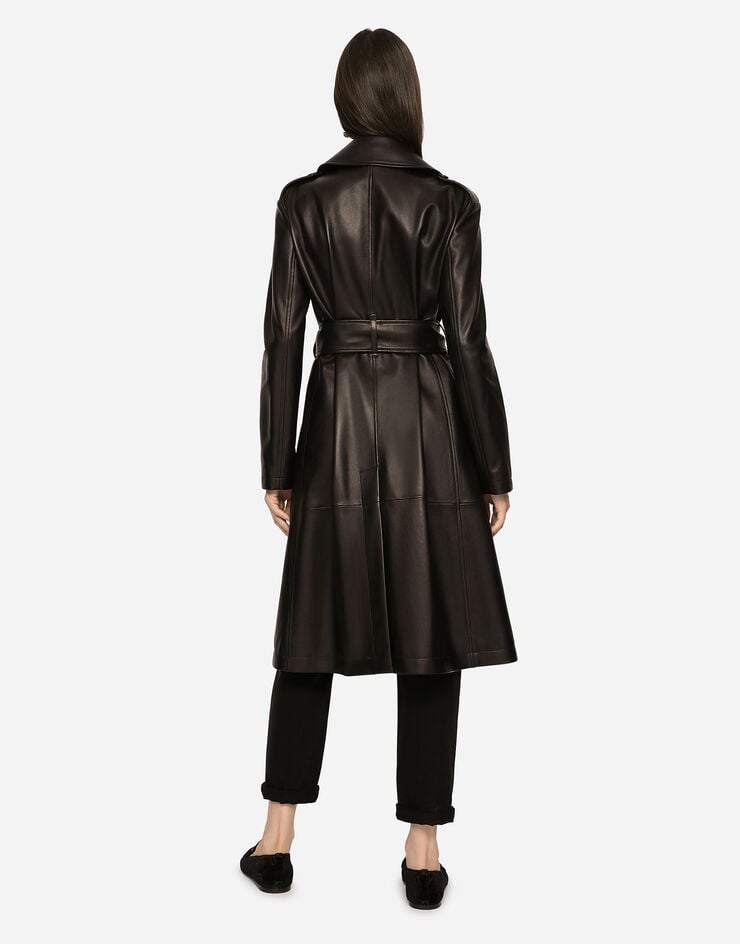 Dolce & Gabbana Zweireihiger Mantel aus Leder mit Gürtel Schwarz F0C3XLHULRJ