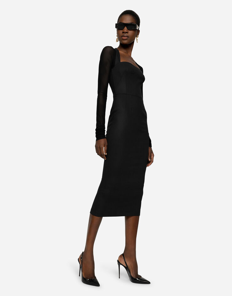 Dolce & Gabbana Sable calf-length dress with tulle sleeves Black F6R1KTFURE2