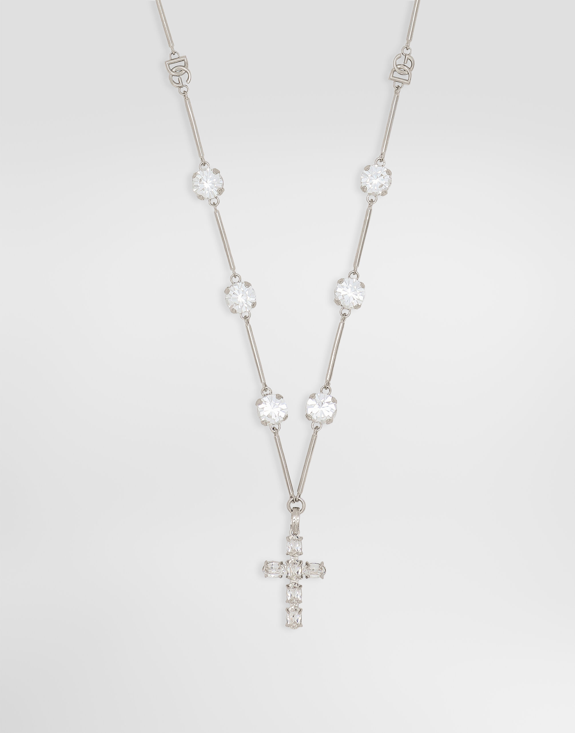 Rosary-style necklace with rhinestone-detailed crosses in Crystal