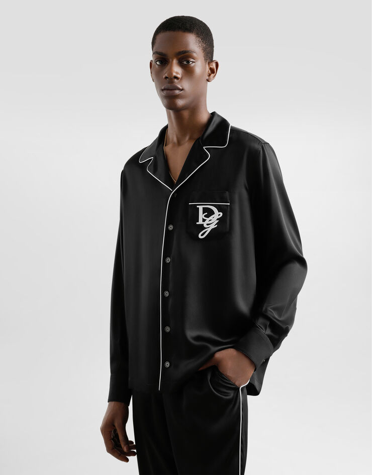 Dolce & Gabbana Silk vanity shirt with logo embroidery Black G5IF1ZFU1AU