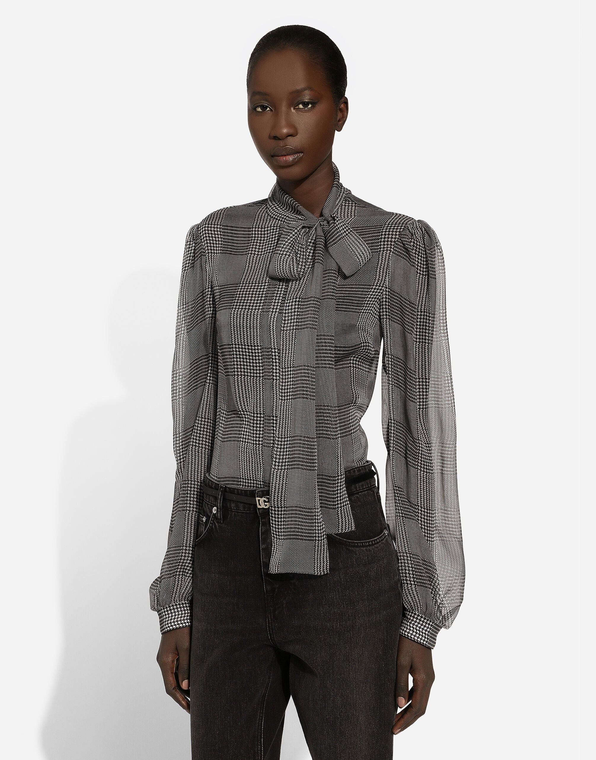 Camicia in chiffon di seta stampa Principe di Galles in Multicolore da Donna Dolce Gabbana